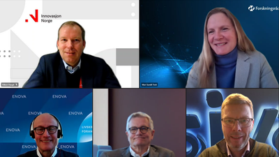 Den nye avtalen i virkemiddelapparatet skal gi bedre samarbeid om Grønn Vekst. Håkon Haugli (Innovasjon Norge), Mari Sundli Tveit (Norges forskningsråd), Nils Kristian Nakstad (Enova), Roy Vardheim (Gassnova) og Andreas Krüger Enge (SIVA).