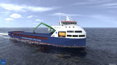 Slik kan ett av skipene til Skarv Shipping Solutions kunne se ut. Fartøyene vil potensielt ha en utslippsreduksjon 90 prosent sammenlignet med tilsvarende tradisjonelle skip. Ill. NORDWEST3D